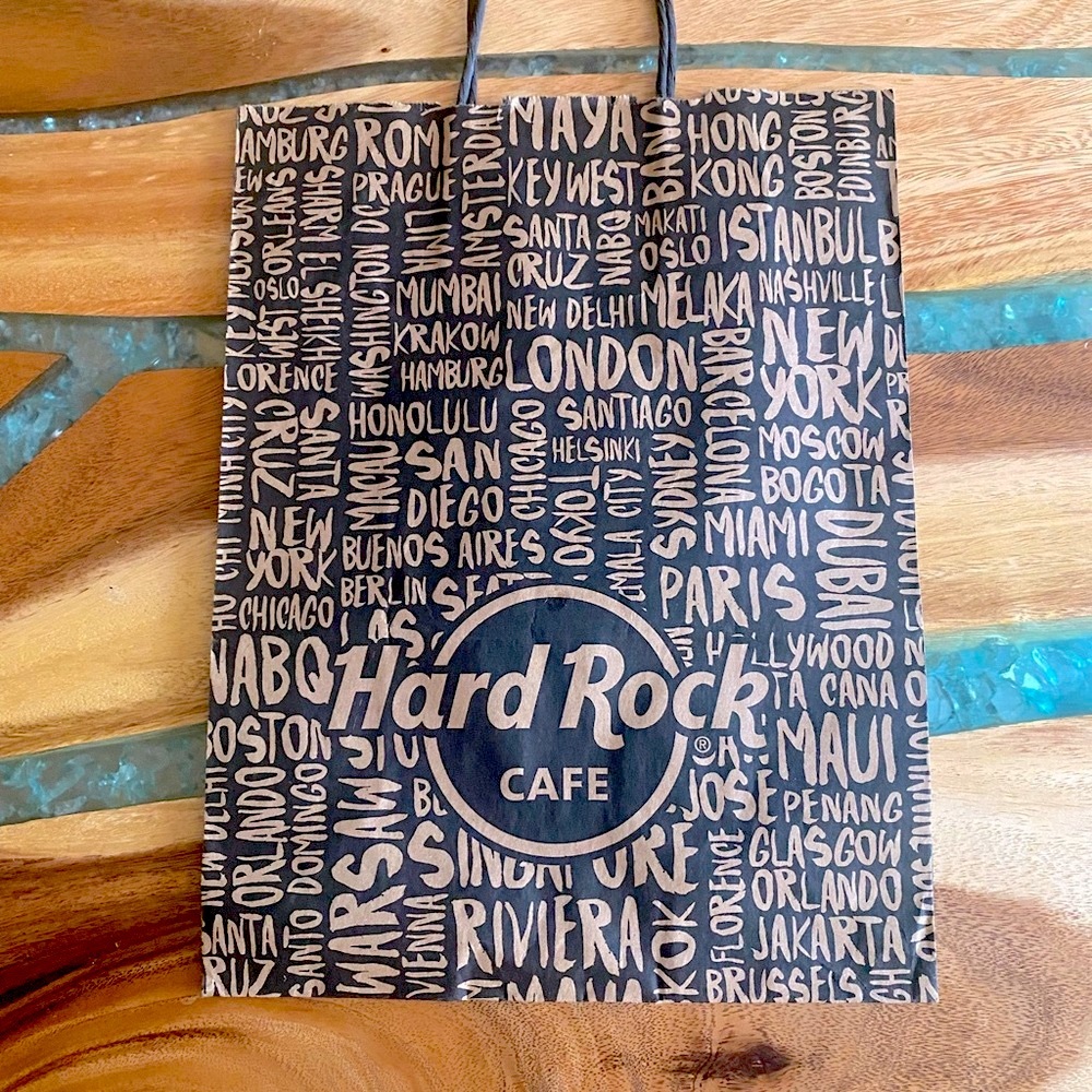 Hard Rock Cafe 100% Recycled material   Made in USA, Richwood, KY paper bag